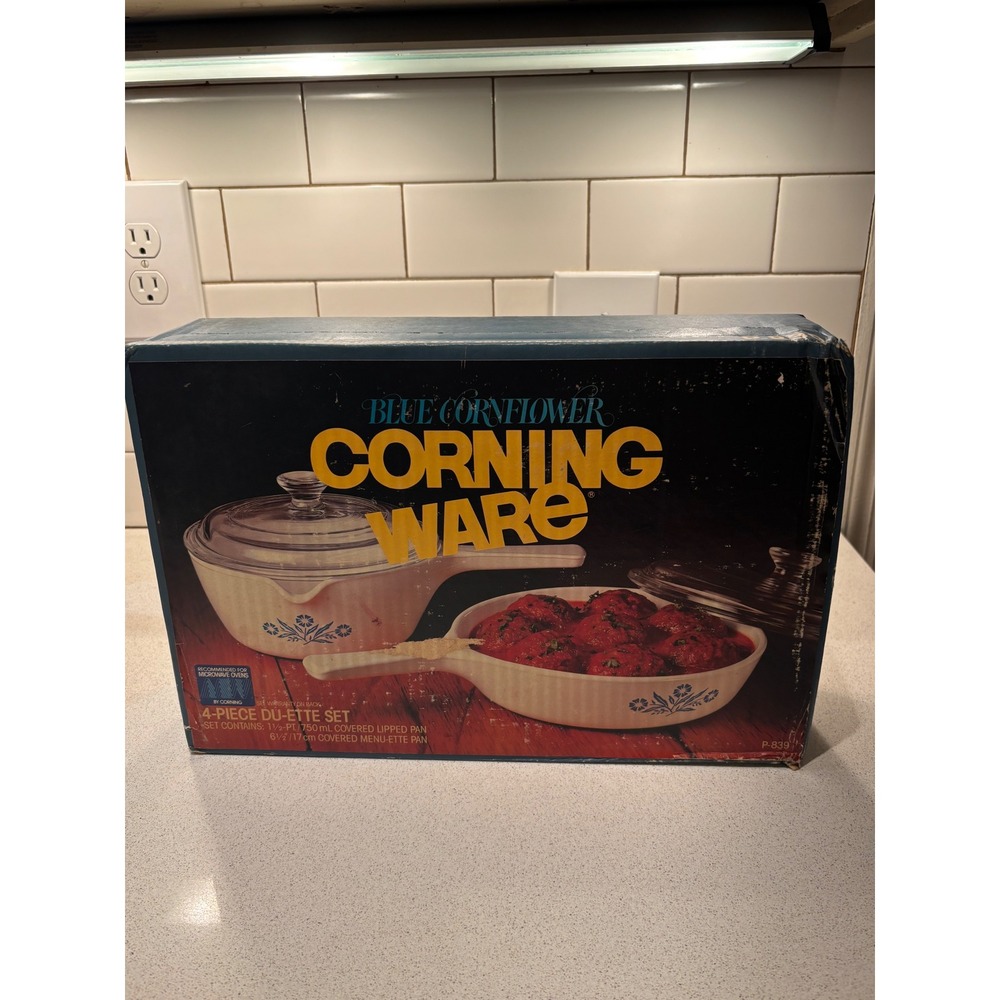 Corning Ware Blue Cornflower 4 Piece Du-Ette Set P-839 Vintage NIB Pyroceram